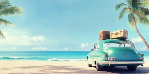 Vintage Car with Luggage and Surfboard on the Beach, Palm Tree and Summer Vacation Concept, Panoramic Banner with Space for Text
