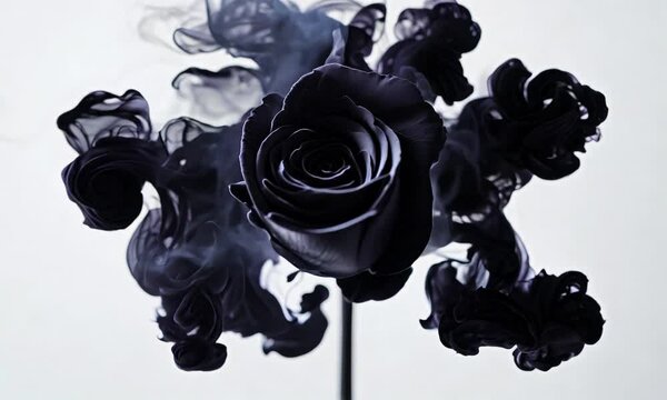 Black rose on a white background in black smoke.
