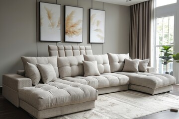 Beige Double Sofa Bed with Storage in Light Living Room with White Walls, Gray Carpet, and Modern Style