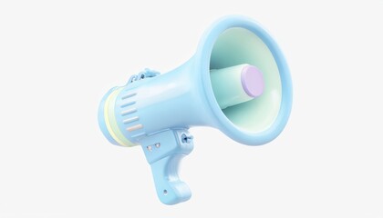 A 3D megaphone isolated on a white background used for loud announcements and communication, featuring a blue speaker horn and hand grip