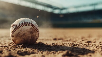 Detailed image of a baseball placed on a dusty field with a blurred stadium in the background.