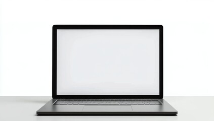 Realistic Mockup of a Laptop with a Blank Screen on a White Background, Ideal for Website or App Interface Presentation. Black and Gray Colors, Front View in 3D Rendering.