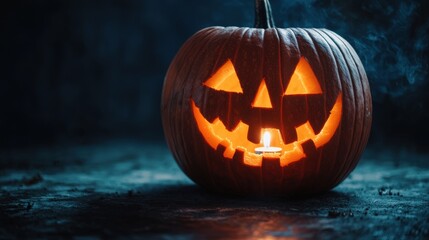 Naklejka premium A close-up of a carved pumpkin with an eerie face and candlelight glowing from within against a dark background