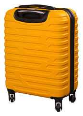 Plastic suitcase on wheels for transporting handy items while traveling. Isolated background.