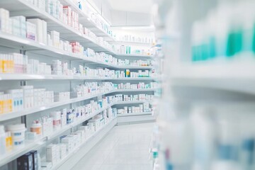 High-Angle View of Pharmacy Shelves Displaying Various Medical Products, Bright and Clean with Space for Text. Captured in High Resolution with Canon EOS, Featuring Shallow Depth of Field and Natural 