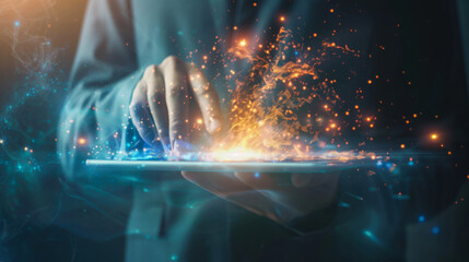 A person interacts with a glowing, vibrant display, generating sparks and light in a digital environment during the evening