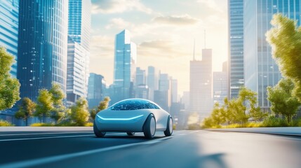 Naklejka premium A hydrogen vehicle driving through a clean city, with water vapor emissions, representing the future of transportation