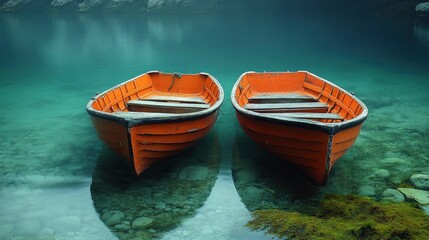 Two orange rowboats sit motionless in a still, turquoise lake with a foggy background.
