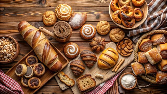 Top view of assorted homemade bakery delights on a wooden table in a cozy kitchen