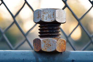 Rusty bolt nut on fence at sunset