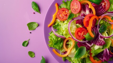 colorful salad with a variety of vegetables on a purple plate, viewed from above, highlighting healthy eating and slimming in a flat lay style