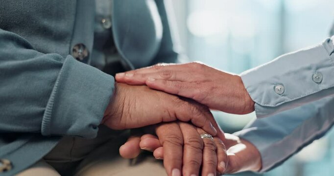 Hands, person and doctor support in grief or compassion, hospital psychologist and help patient. Sorry, stress and physician empathy for cancer diagnosis, touch and consultation service for anxiety