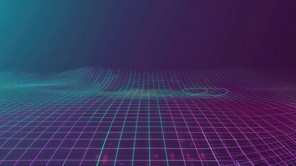A smooth gradient background transitioning from deep purple to teal, overlaid with holographic grid lines and geometric shapes.