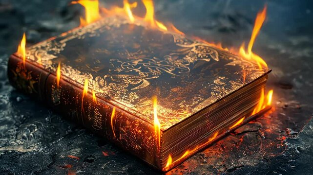A fiery fantasy book illuminates an ancient stone setting amidst swirling mystical energies