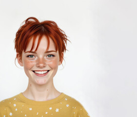 Fototapeta premium Portrait of a red-haired girl with short hair against white background