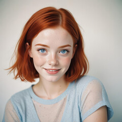 Fototapeta premium Portrait of a red-haired teenager girl with short hair against white background
