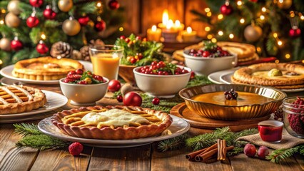 Fototapeta premium Festive holiday table set with plates of food and pies, perfect for a seasonal feast celebration
