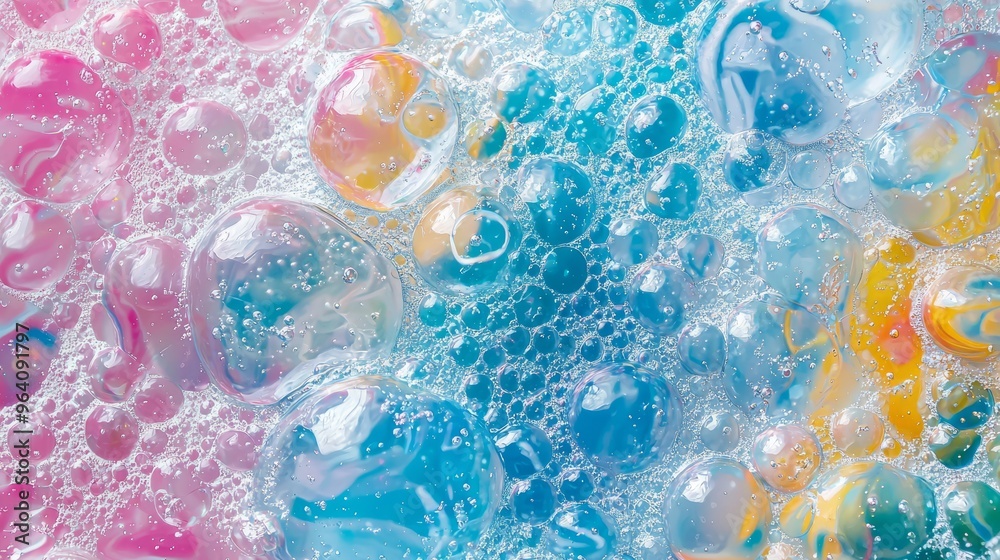 Sticker Abstract background of colorful oil bubbles in water.