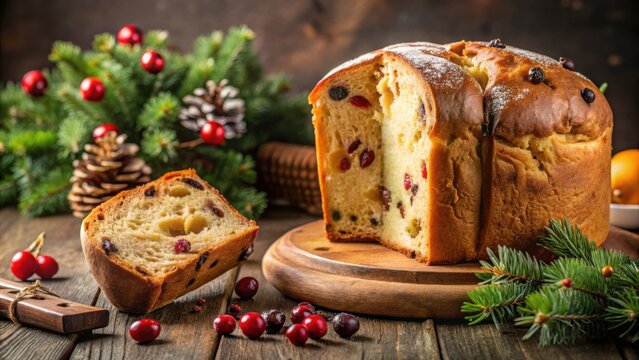 Freshly sliced panettone bread with dried fruits, perfect Italian Christmas dessert