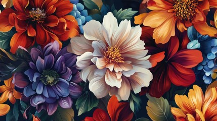 A detailed floral pattern with large, colorful blooms in rich tones, perfect for elegant fabric or wallpaper designs