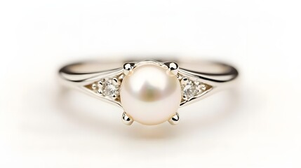 Pearl Engagement Ring with Diamonds on White Background