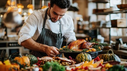 Chef preparing a colorful Thanksgiving spread in a restaurant kitchen blending traditional and contemporary dishes