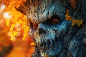 Halloween old tree with a sinister face. Halloween party illustration.