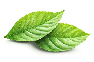 Fototapeta premium Two green leaves with visible veins isolated on a white background.