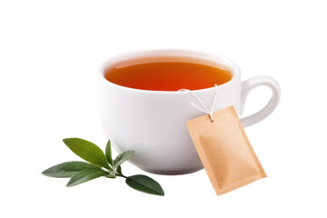 A warm cup of tea with a tea bag beside fresh green leaves, perfect for relaxation and soothing moments.