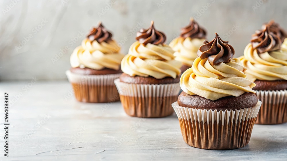 Poster cupcakes topped with creamy glaze and chocolate on a light background