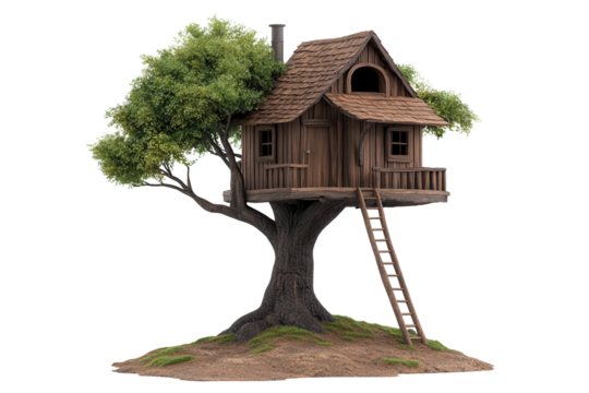 Charming treehouse nestled in a tree with a rustic design and wooden ladder, perfect for childhood adventures.
