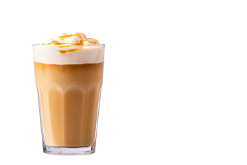 Delicious iced latte with whipped cream and caramel drizzle in a clear glass. Perfect for refreshing summer beverages.