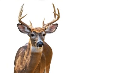 Fototapeta premium white tailed deer male buck - Odocoileus virginianus - side profile view looking at camera in North central Florida, isolated on white background with copy space