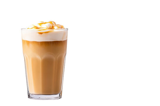 Delicious iced latte with whipped cream and caramel drizzle in a clear glass. Perfect for refreshing summer beverages.