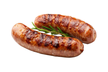 Deliciously grilled sausage with a vibrant rosemary garnish, perfect for barbecues and culinary presentations.