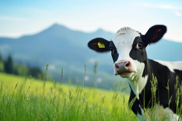 Close-up of a black and white cow in a grassy meadow with mountains in the background under a clear blue sky. High-resolution image capturing the cow's cute expression, green tones, and natural lighti