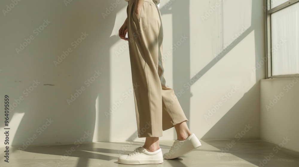 Wall mural woman walking along a wall in beige wide-leg pants and white sneakers, showcasing her minimalist foo