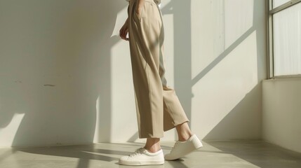 woman walking along a wall in beige wide-leg pants and white sneakers, showcasing her minimalist footwear style with slits on the trousers and simple leather sandals, highlighted by soft studio