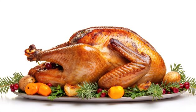 Delicious baked or broiled, juicy moist Thanksgiving turkey dinner on serving platter with vegetables. Before being carved. Pretty presentation full view Isolated on white background.