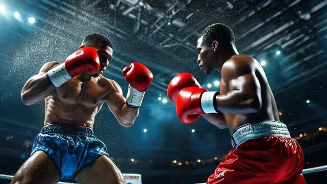 Heavyweight boxing championship match, highlighting the strength and intensity of the fighters in the ring
