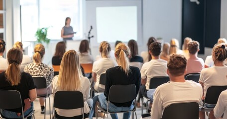 Fototapeta premium Audience view from behind in a conference room with a white wall, watching a speaker and presentation screen. Scandinavian design style with varied colored attire and some attendees sitting back
