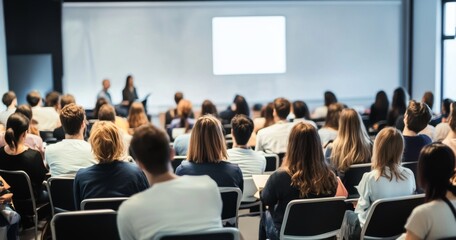 Fototapeta premium Audience view from behind in a conference room with a white wall, watching a speaker and presentation screen. Scandinavian design style with varied colored attire and some attendees sitting back