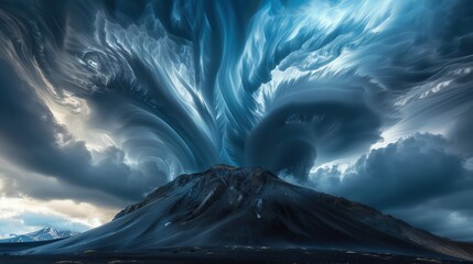 A stormy afternoon with dynamic, swirling clouds converging above a black mountain peak, the atmosphere charged with energy.