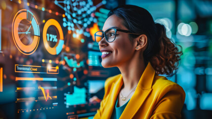 Obraz premium Portrait of a young beautiful woman in a bright yellow jacket working in a modern office against the background of a holographic digital screen. Business, technology concept.