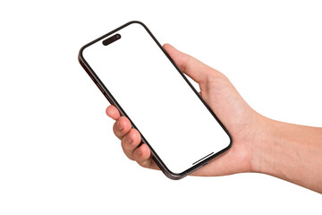 Hand showing smartphone with blank screen isolated on white background. Concept for business finance, Technology concept, Product advertising concept and Marketing concept. High quality image for you.