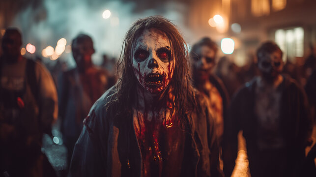 Zombie Walk Festival, hundreds of people wearing zombie costumes complete with scary makeup, fake blood flowing from their faces, Ai generated images