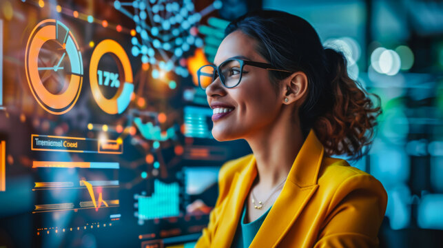 Portrait of a young beautiful woman in a bright yellow jacket working in a modern office against the background of a holographic digital screen. Business, technology concept.