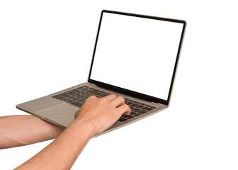 Hand using Laptop computer with blank screen isolated on white background. Concept for business finance, Technology concept, Product advertising concept and Marketing concept. High quality image.