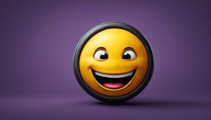 Fototapeta premium 3D illustration of a yellow smiling emoji with big eyes and an open mouth on a purple background. The bright, cheerful expression makes it perfect for conveying happiness and positivity in digital
