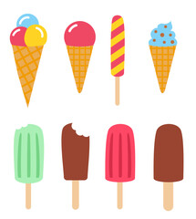 Collection of 6 ice cream illustrations. A set of delicious ice cream. Sweet summer treat sundaes, popsicles with different fillings. colorful ice cream